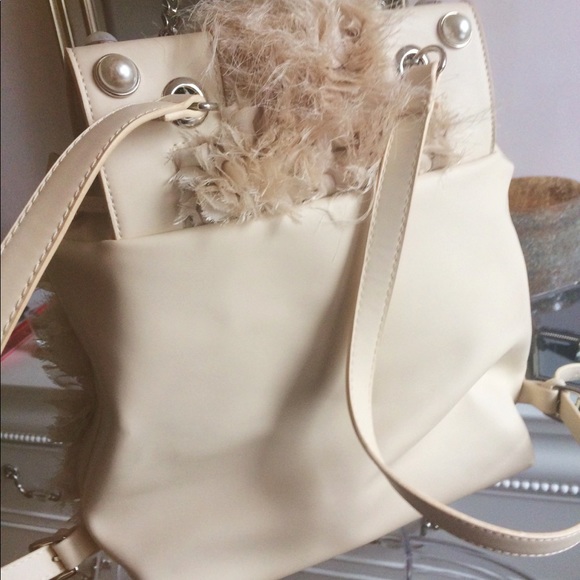 ITALIAN ALEX MAX NUDE BEIGE RUFFLE PEARL BACKPACK BAG PURSE TOTE - Picture 5 of 8